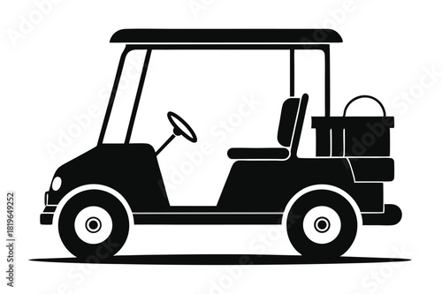 Black vehicle silhouette shows simple golf cart profile with bucket on the back