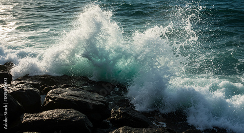 Fototapeta Naklejka Na Ścianę i Meble -  Crashing wave rocks ocean power nature landscape seascape