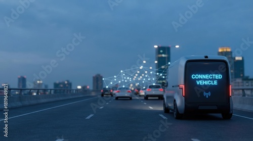 Connected vehicle driving on a city bridge with digital network overlay. IoT transport telematics concept for autonomous driving future.