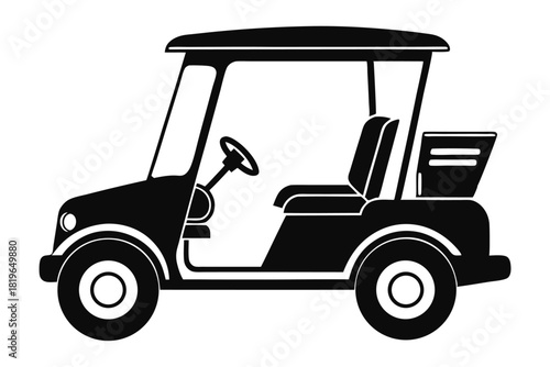 Simple black outline shows a golf cart with seats and a steering wheel
