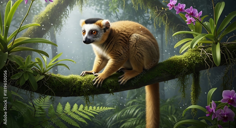 Obraz premium Crowned Sifaka Lemur Perched on Branch in Lush Rainforest.