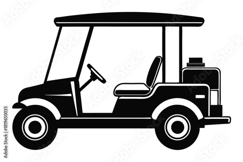 Silhouette portrays a covered black golf cart with seats and steering wheel on a white background