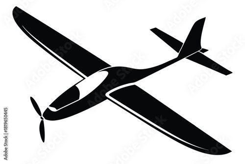 Simple black airplane is presented against a white background, propeller and wings visible
