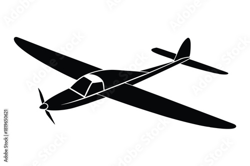 Solid black silhouette reveals a sleek, small airplane soaring against a pristine white backdrop