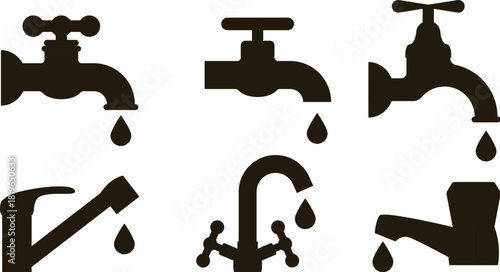 vector water tap icons isolated on white background. symbol of water drop from the tap. leaky water faucet illustration. types of water taps