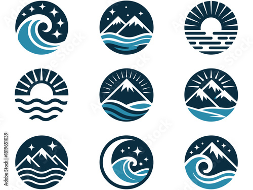 A collection of circular icons depicting natural landscapes like waves, mountains, and sunrises.