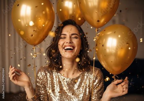 A joyful young woman laughs heartily, surrounded by golden balloons and falling confetti, celebrating a special occasion with infectious happiness and a sparkling outfit