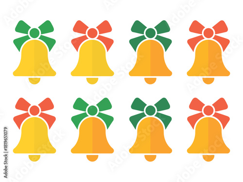 Rows of festive bells adorned with colorful bows create a cheerful holiday decoration pattern.