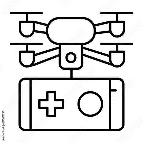 Smartphone with joystick and drone thin line icon, smart device concept, quadcopter and phone gamepad sign on white background, outline style for mobile web design. Vector graphics.