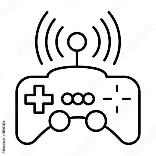 Wireless signal and joystick with antenna thin line icon, smart game device concept, gamepad controller sign on white background, outline style for mobile web design. Vector graphics.