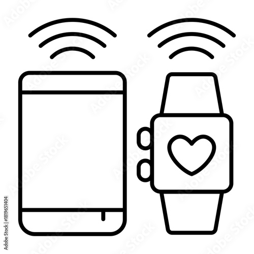 Smartphone with wrist smart bracelet and signals thin line icon, smart device concept, fitness tracker sign on white background, outline style for mobile web design. Vector graphics.