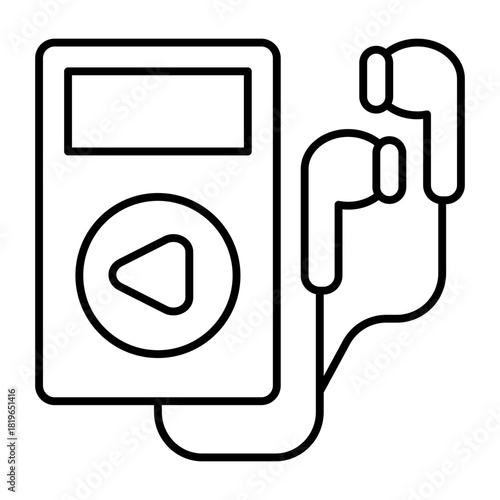 MP3 player with play button, wired headphones thin line icon, portable electronics concept, music device sign on white background, outline style for mobile web design. Vector graphics.