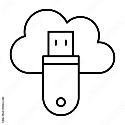 Cloud and flash drive thin line icon, data saving concept, secret physical-digital key for access sign on white background, outline style for mobile web design. Vector graphics.