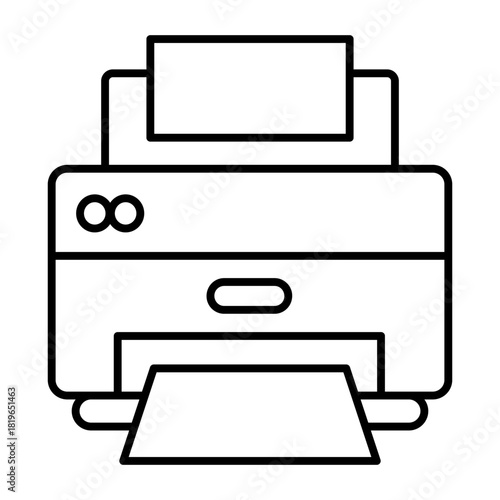 Desktop laser printer with paper thin line icon, office equipment concept, PC inkjet printing machine sign on white background, outline style for mobile web design. Vector graphics.