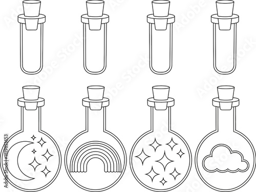 Set of stylized potion bottles with whimsical celestial and magical elements.