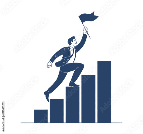 A determined businessman climbs a bar graph, raising a flag to signify success and achievement.