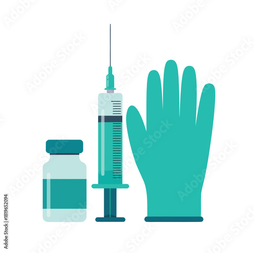 A syringe, vial, and medical glove are prepared for a medical procedure.