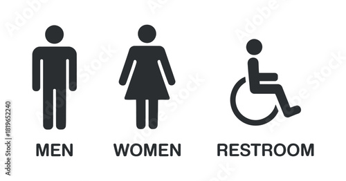 Public Restroom Sign Set Men Women and Wheelchair Accessibility Icon Design for Gender Neutral Toilet Symbol on Transparent Background Vector Illustration