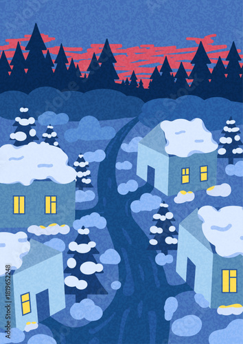 Winter village at night. Vector illustration.