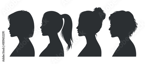 Set of Women Silhouettes with Different Hairstyles Vector Collection in Side View on Transparent Background Illustration