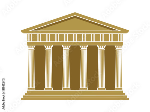 A golden Greek-style temple facade with Doric columns against a white background.