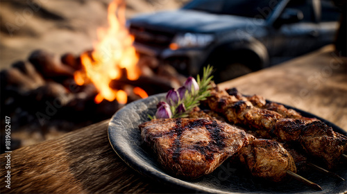 Roasted barbecue cuts rest on a table with a blazing fire and a vehicle in the blurred background.