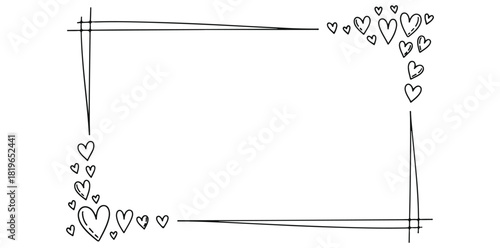 Hand drawn heart frame sketch border illustration black and white love doodle for valentine wedding invitation cute romantic decorative text box isolated design element