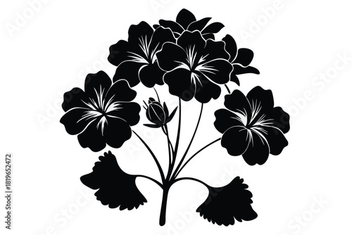 Black geranium silhouette showcases simple elegance and botanical beauty against the crisp white background