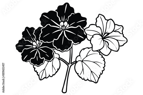 Bold monochrome flower design features blossoming petals and outlined leaves on a white background