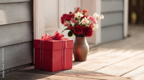 Red gift box with a bow placed on wooden porch beside a vase of colorful flowers, creating a warm and inviting atmosphere for celebrations and special occasions