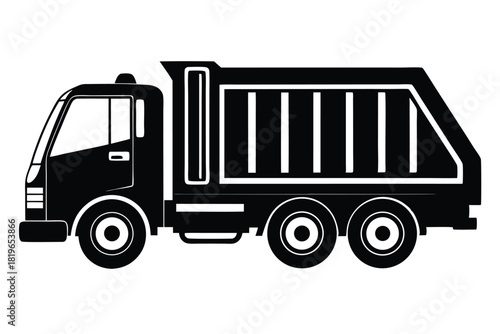 silhouette shows a blackandwhite side profile of a garbage truck on a white background