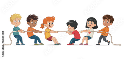 Tug of War Contest Between Boys and Girls Featuring Two Teams of Children Pulling Opposite Ends of a Rope Illustrated as a Colorful Vector Scene Highlighting Teamwork, Play, and Gender Equality