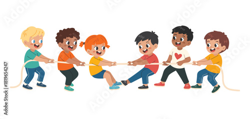 Tug of War Contest Between Boys and Girls Featuring Two Teams of Children Pulling Opposite Ends of a Rope Illustrated as a Colorful Vector Scene Highlighting Teamwork, Play, and Gender Equality