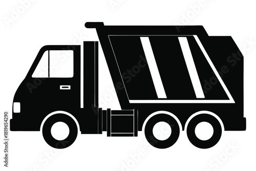Black solid silhouette shows side view of modern dump truck isolated on white