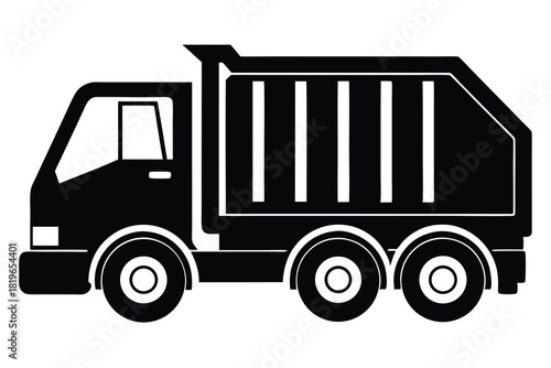 Black and white silhouette illustrates a large dump truck with simple lines