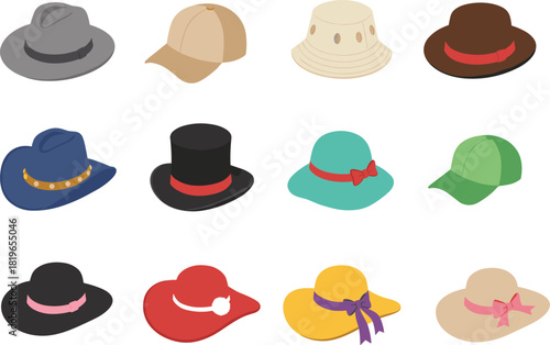 Collection of various stylish hats in colorful vector illustration, featuring diverse headwear designs for fashion, accessories, apparel themes, suitable for creative projects, branding, and decoratio