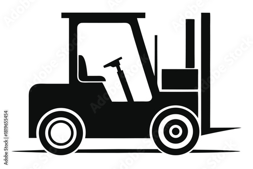 A black forklift silhouette shows construction equipment with a seat and steering wheel inside