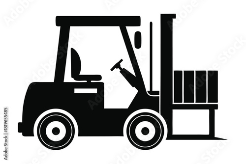 Isolated forklift truck silhouette lifts a pallet; it shows logistics and industrial moving solutions