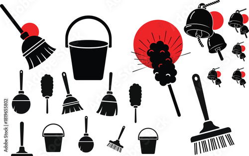 Cleaning tools collection with broom bucket duster and mop for household chores