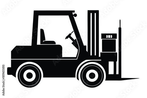 Isolated black forklift is illustrated on a clean white background, showing vehicle