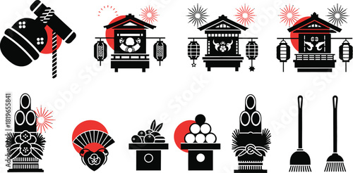 Japanese new year celebration and traditional festival items isolated on transparent background