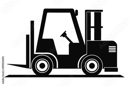A bold, black forklift silhouette shows essential vehicle features and form clearly on white