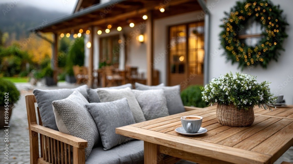 Fototapeta premium Cozy patio sofa and coffee on a wooden table