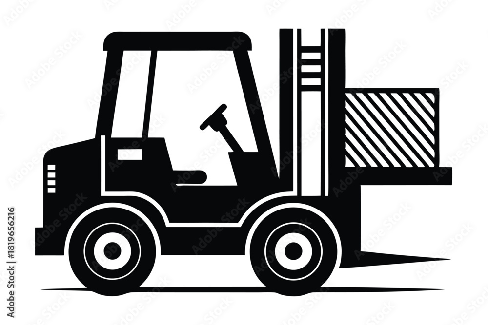 Naklejka premium Black forklift transports a striped box using its lifting forks in a minimalist design