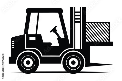 Black forklift transports a striped box using its lifting forks in a minimalist design