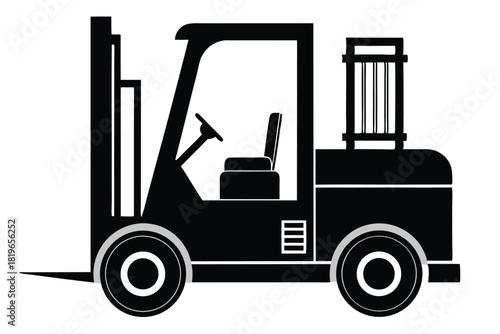 Isolated black forklift silhouette features a steering wheel, seat, and distinct fork design