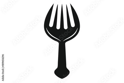 A simple black fork with four tines is displayed on a white background