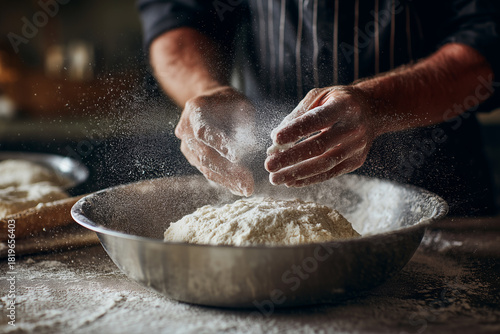 A man is making bread and the flour is flying everywhere