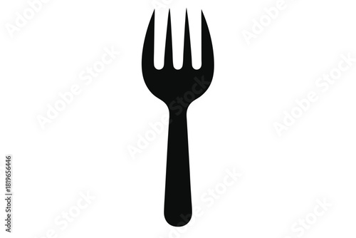 A single black fork stands vertically on a bright white solid color background