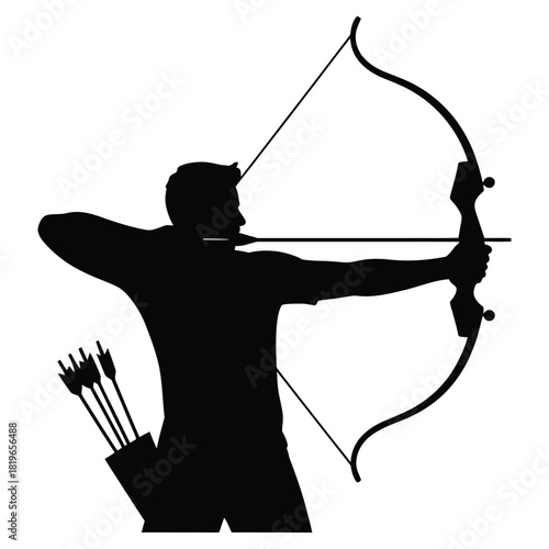 Archer Silhouette Aiming with Bow and Arrow Vector Illustration – Precision Archery Sports Concept Showing Focus, Strength, Accuracy, and Athlete in Action for Competition or Training Design